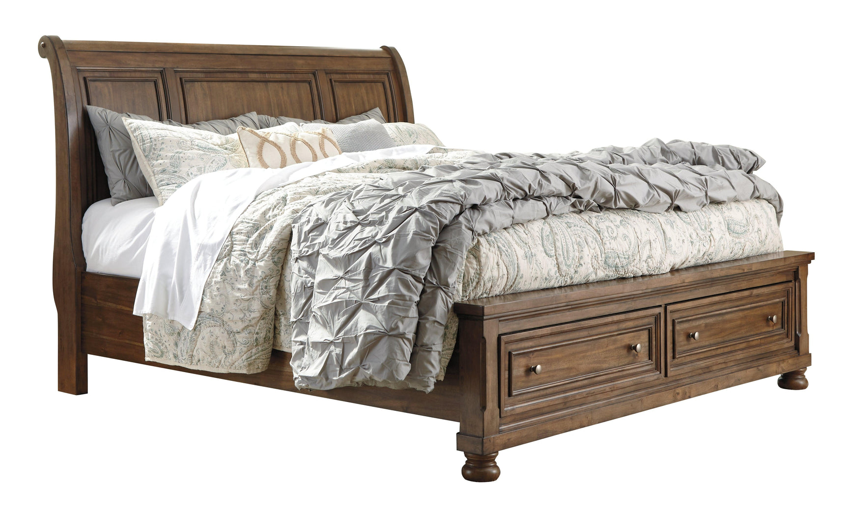 Flynnter Medium Brown Queen Sleigh Bed With 2 Storage Drawers - Ella Furniture