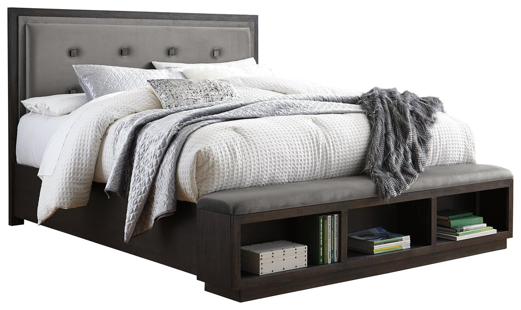 Hyndell Dark Brown Queen Upholstered Panel Bed With Storage - Ella Furniture