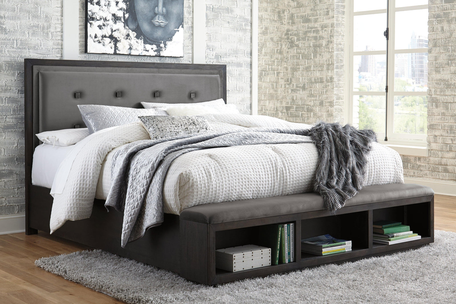 Hyndell Dark Brown Queen Upholstered Panel Bed With Storage - Ella Furniture