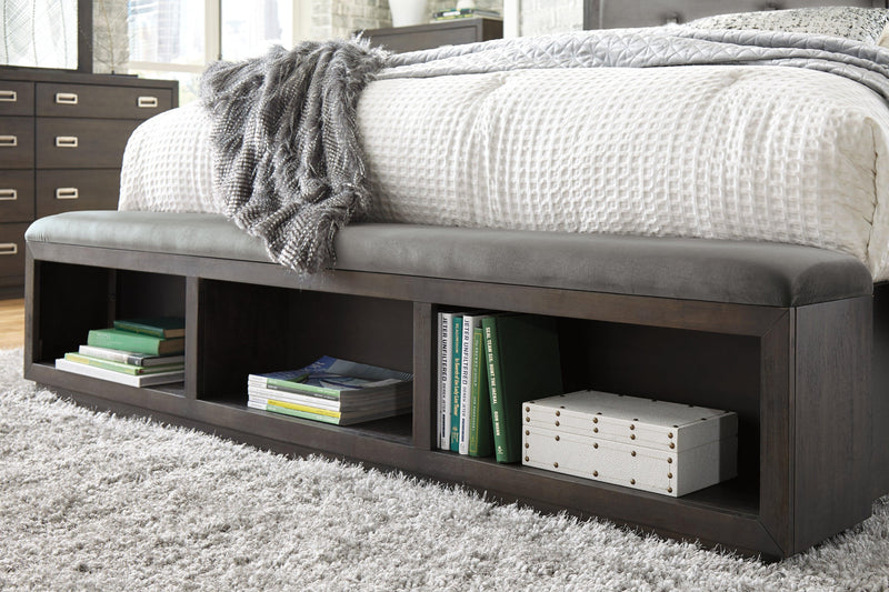 Hyndell Dark Brown King Upholstered Panel Bed With Storage - Ella Furniture