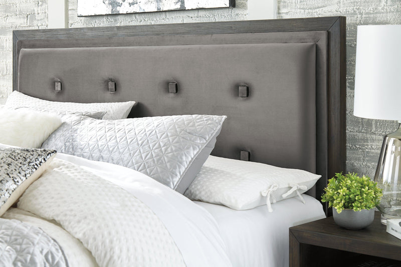 Hyndell Dark Brown King Upholstered Panel Bed With Storage - Ella Furniture