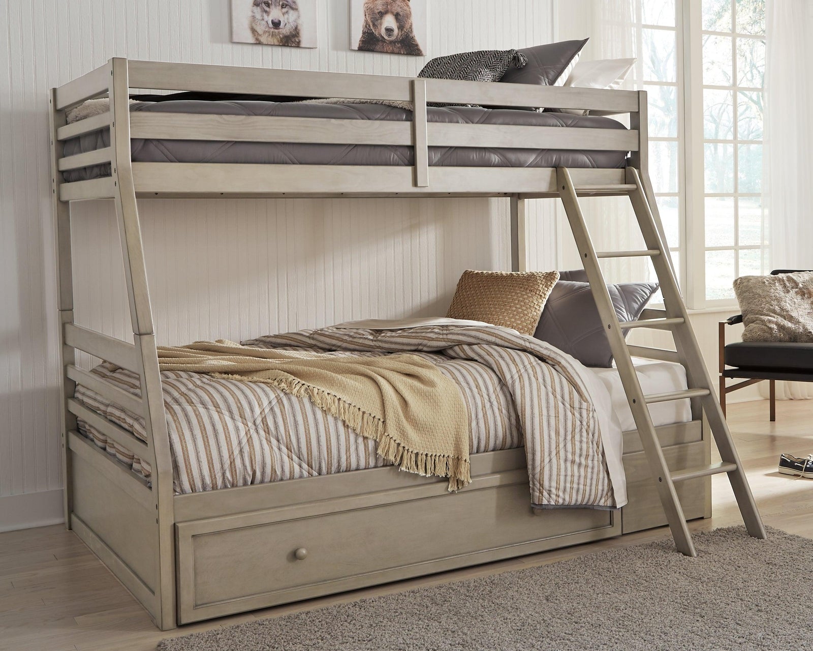 Lettner Light Gray Twin Over Full Bunk Bed With 1 Large Storage Drawer - Ella Furniture