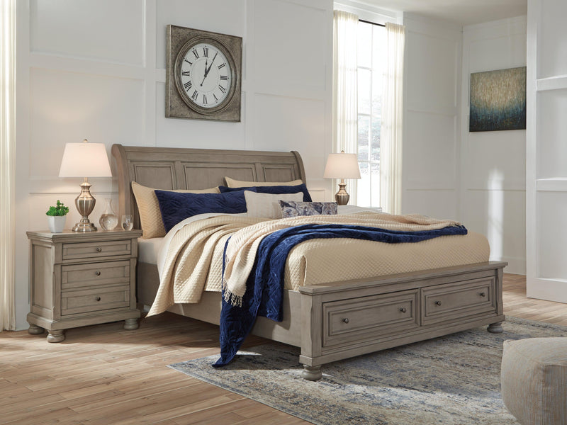 Lettner Light Gray King Sleigh Bed With 2 Storage Drawers