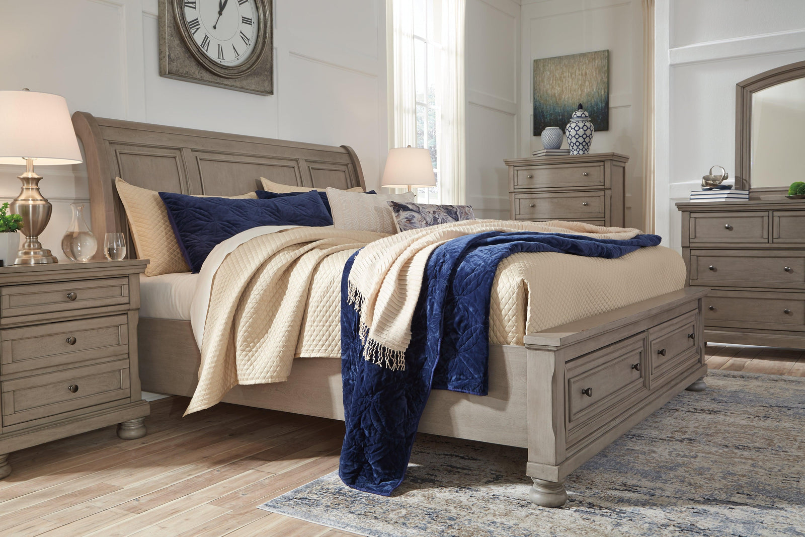 Lettner Light Gray Queen Sleigh Bed With 2 Storage Drawers - Ella Furniture