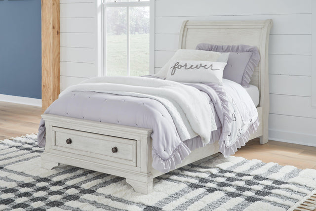 Robbinsdale Antique White Twin Sleigh Storage Bed - Ella Furniture