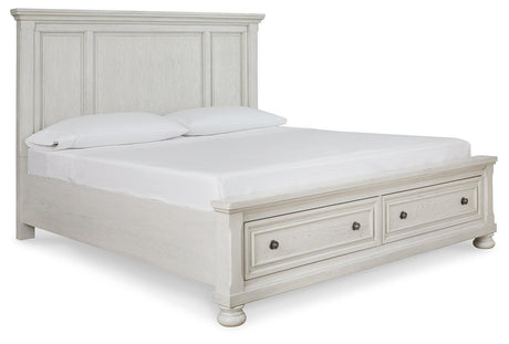 Robbinsdale Antique White King Panel Storage Bed - Ella Furniture