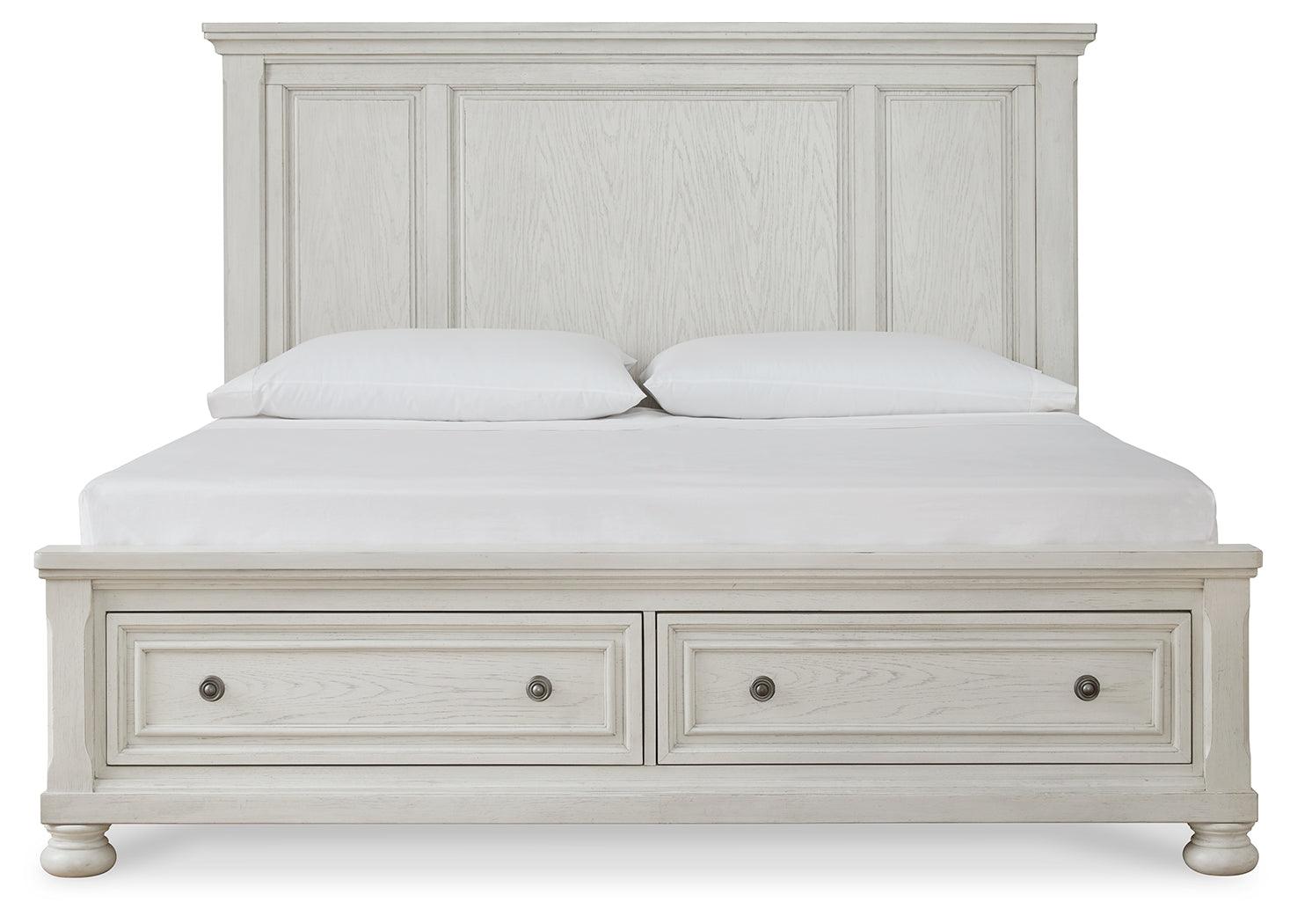 Robbinsdale Antique White King Panel Storage Bed - Ella Furniture