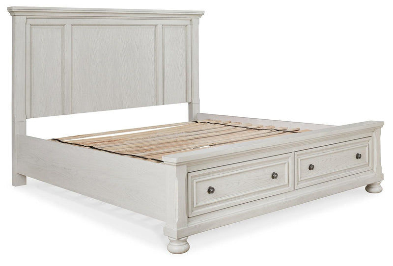 Robbinsdale Antique White King Panel Storage Bed - Ella Furniture