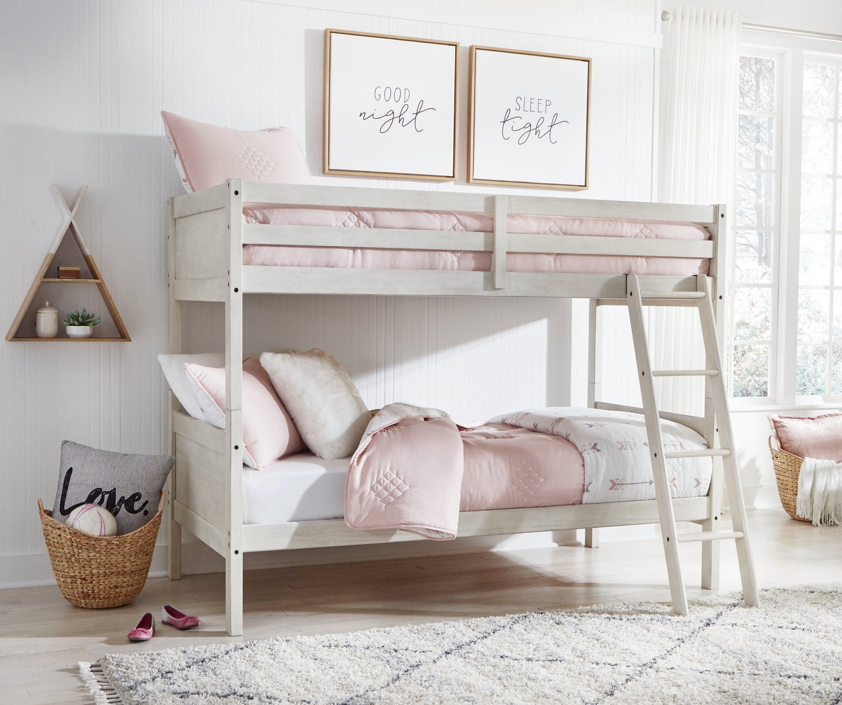 Robbinsdale Antique White Twin/twin Bunk Bed With Ladder - Ella Furniture