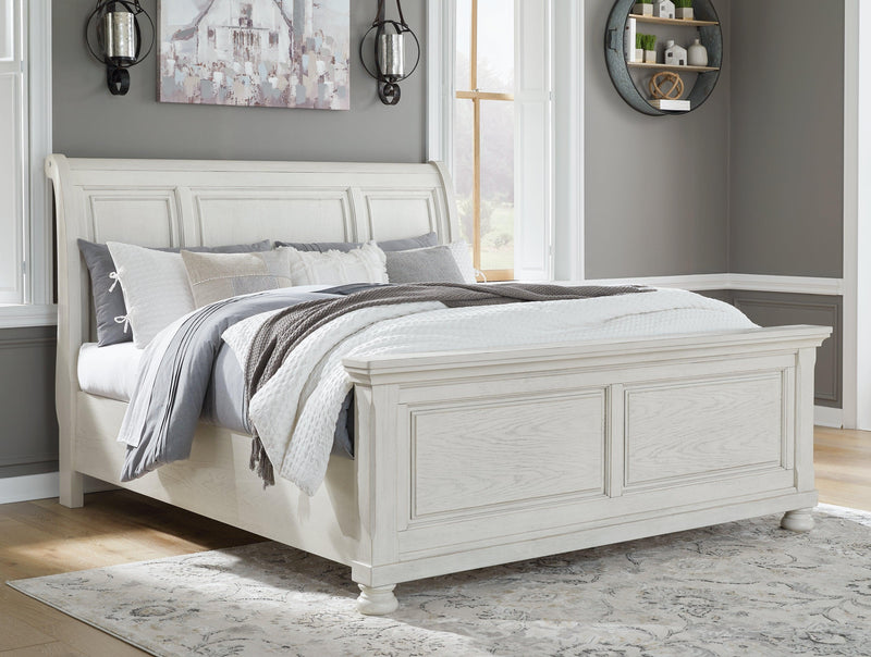 Robbinsdale Antique White King Sleigh Bed - Ella Furniture