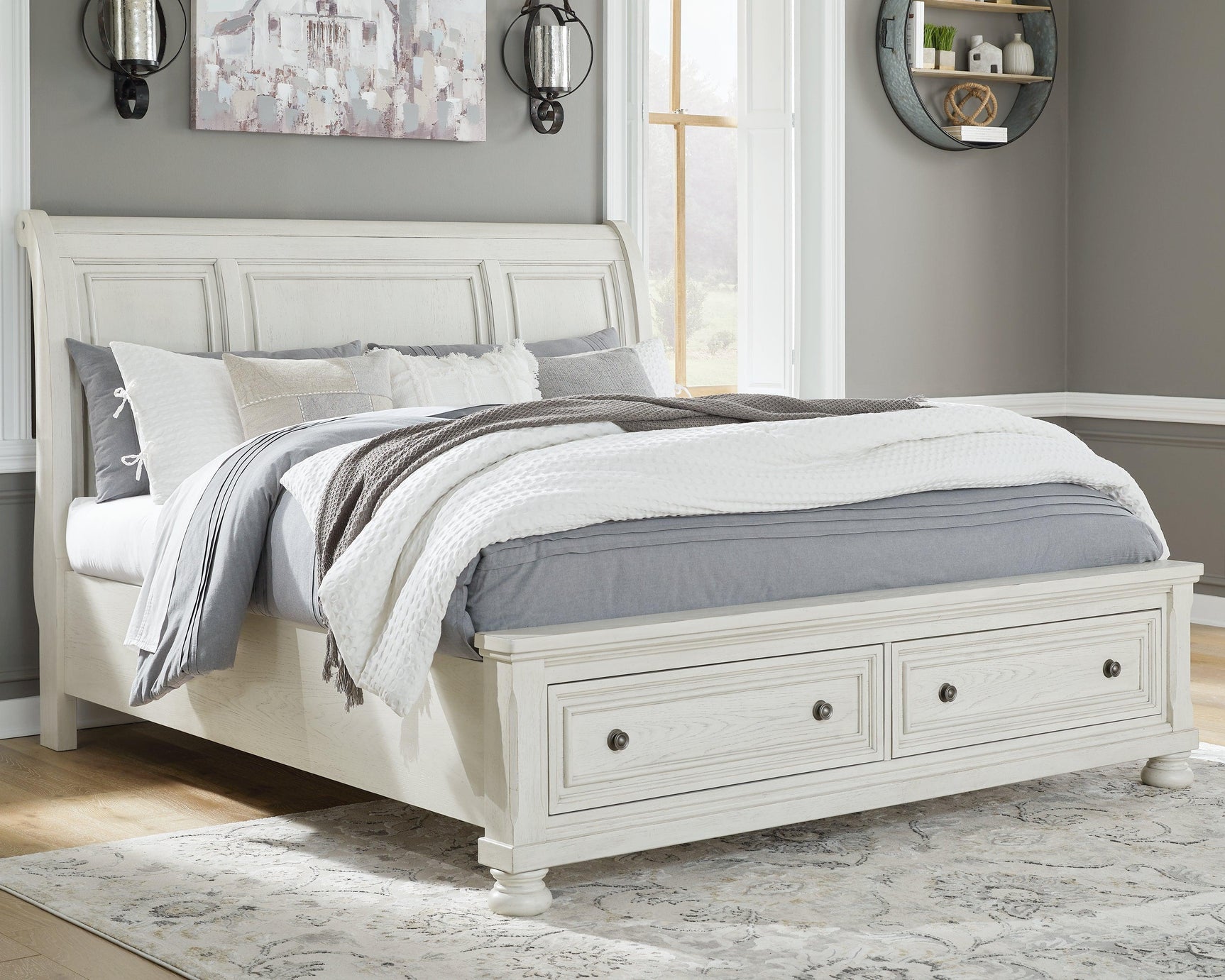 Robbinsdale Antique White King Sleigh Bed With Storage - Ella Furniture