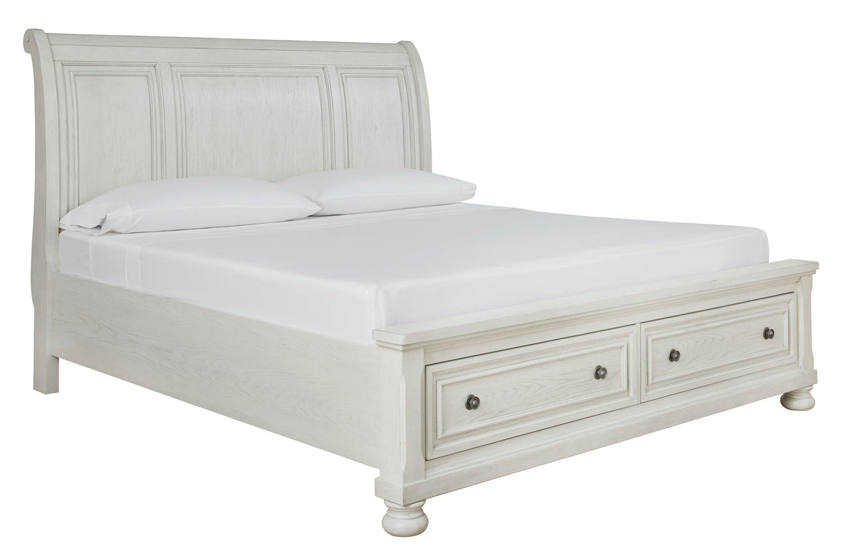 Robbinsdale Antique White King Sleigh Bed With Storage - Ella Furniture