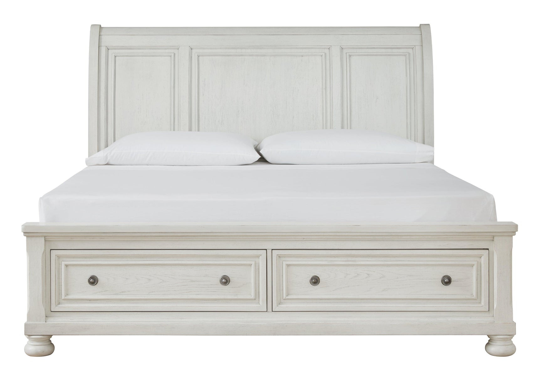 Robbinsdale Antique White King Sleigh Bed With Storage - Ella Furniture