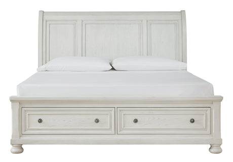 Robbinsdale Antique White Queen Sleigh Bed With Storage - Ella Furniture