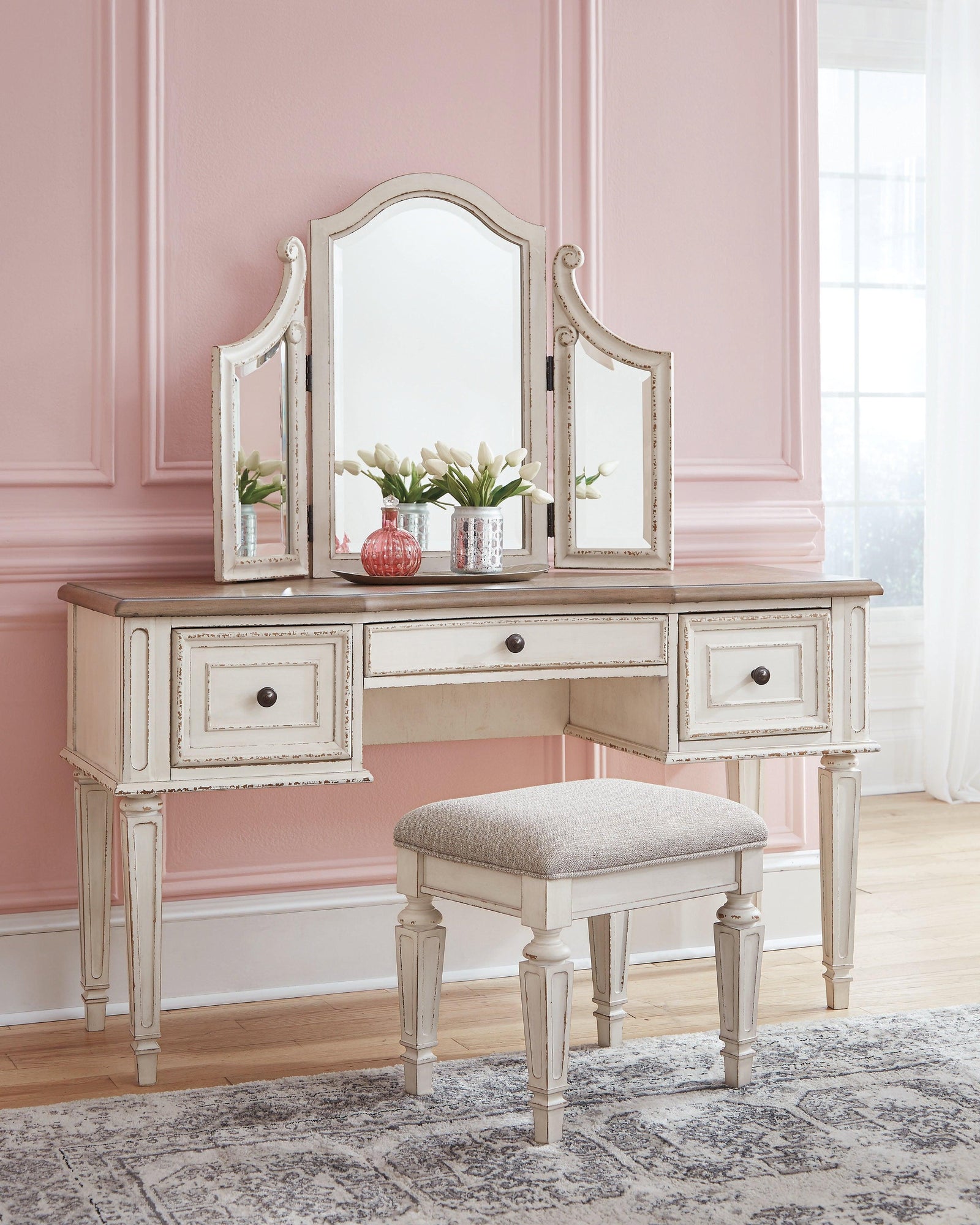 Realyn Two-tone Vanity And Mirror With Stool - Ella Furniture