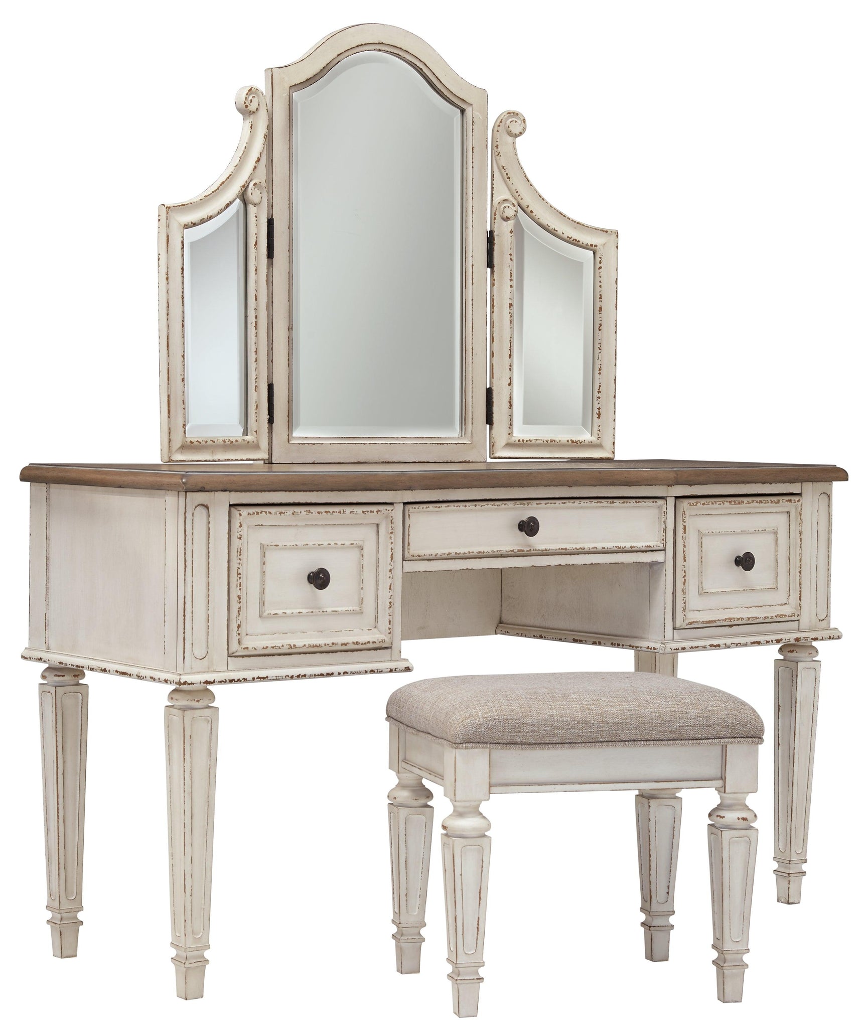 Realyn Two-tone Vanity And Mirror With Stool - Ella Furniture