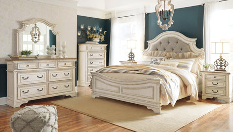 Realyn Chipped White Queen Upholstered Panel Bed - Ella Furniture