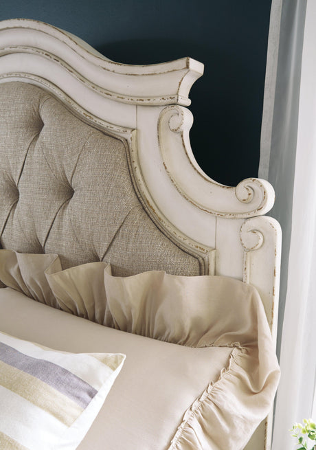 Realyn Chipped White Queen Upholstered Panel Bed - Ella Furniture