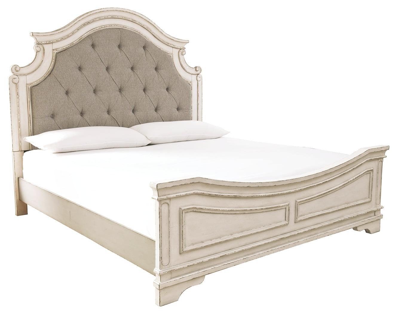 Realyn Chipped White King Upholstered Panel Bed - Ella Furniture