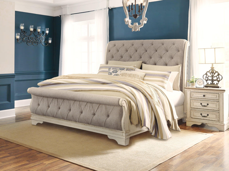 Realyn Chipped White King Sleigh Bed - Ella Furniture
