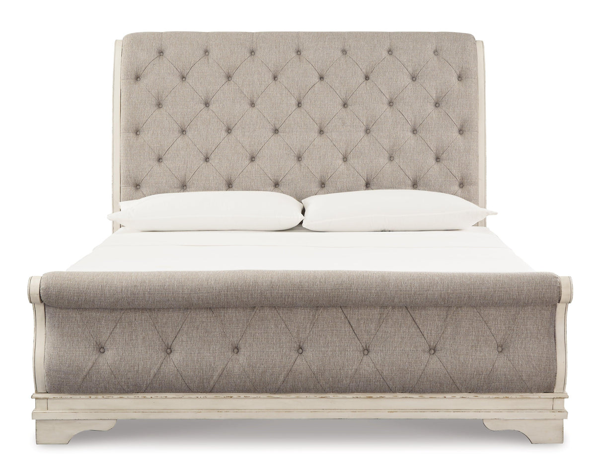Realyn Chipped White Queen Sleigh Bed - Ella Furniture