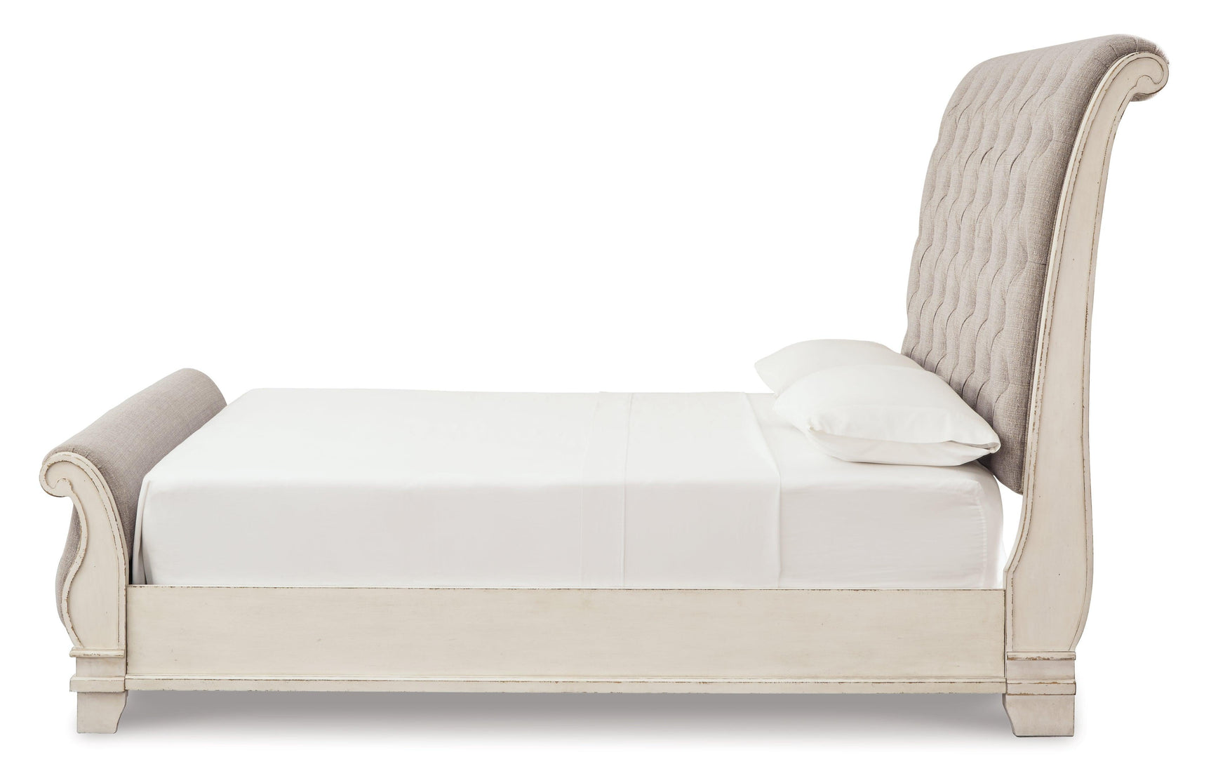 Realyn Chipped White Queen Sleigh Bed - Ella Furniture