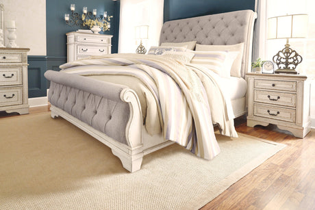 Realyn Chipped White Queen Sleigh Bed - Ella Furniture