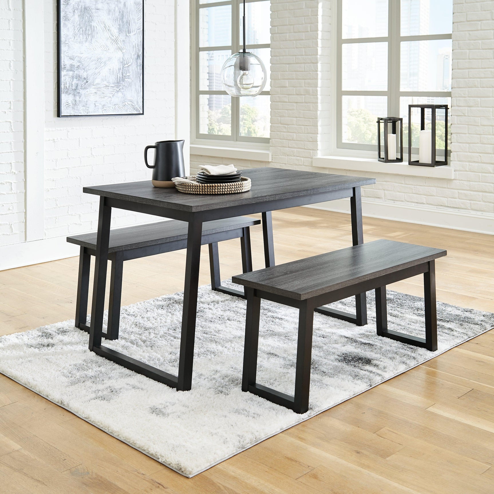 Garvine Black/gray Dining Table And Benches (Set Of 3) - Ella Furniture