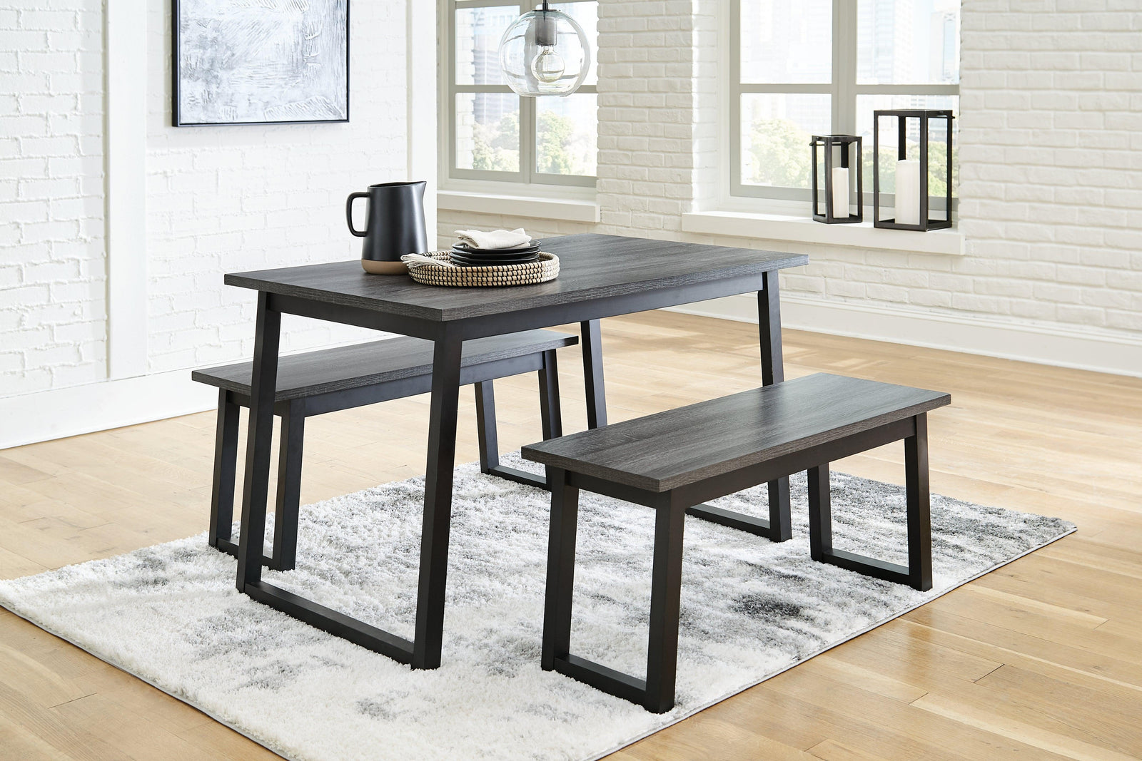 Garvine Black/gray Dining Table And Benches (Set Of 3) - Ella Furniture
