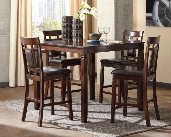 Bennox Brown counter height square dining table with four upholstered bar stools viewed from front