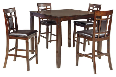 Close-up of Bennox bar stool showing brown faux leather padded seat and back with steel frame
