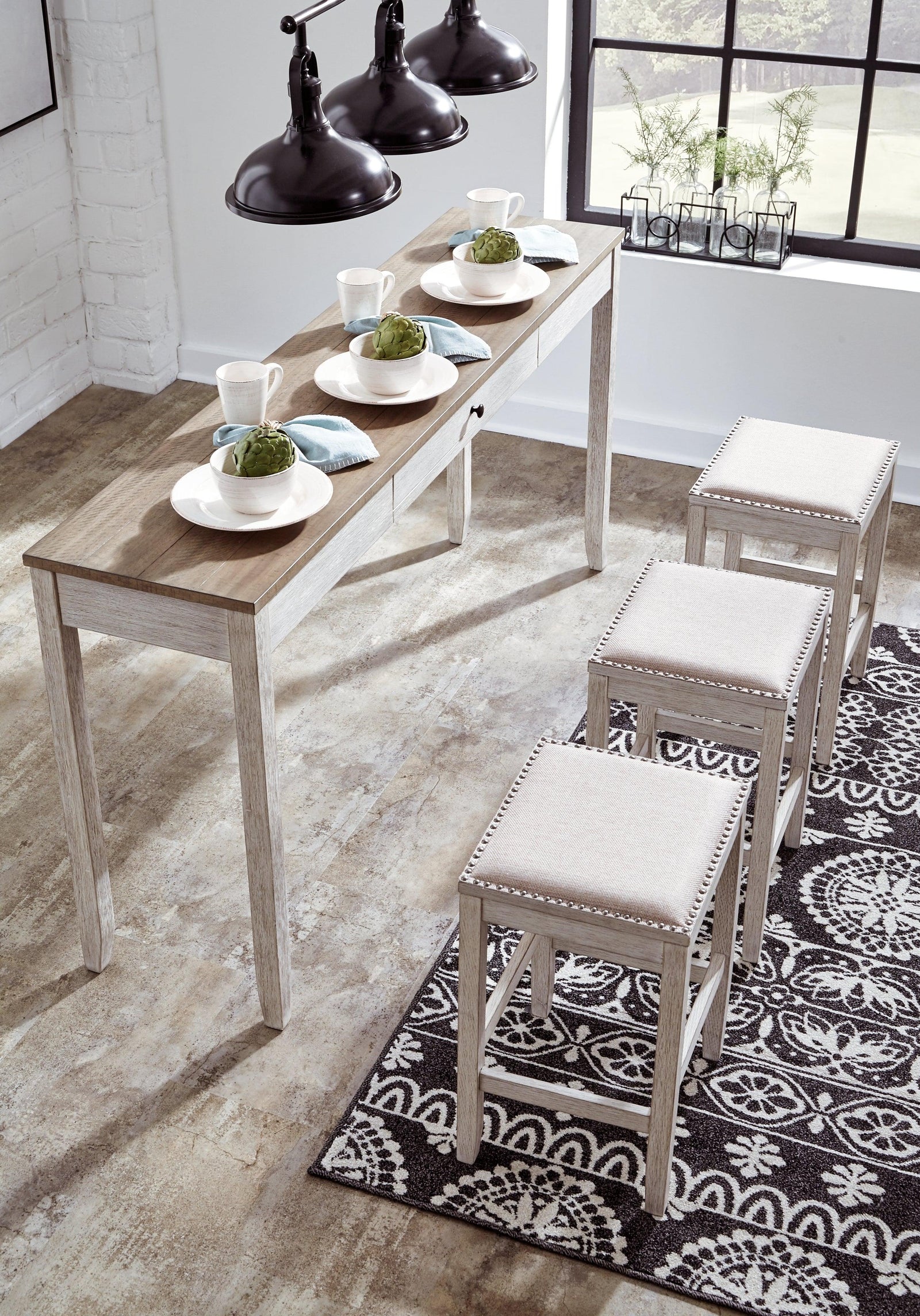 Skempton White/light Brown Counter Height Dining Table And 3 Bar Stools - Ella Furniture