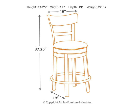 Pinnadel Light Brown Upholstered Counter Height Bar Stool dimensions illustration