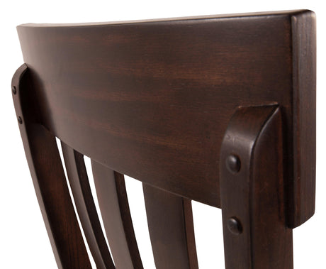 Detailed shot of dark brown wood finish and chair leg