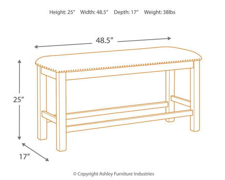 Moriville Dining Bench with dimensions overlay showing 49" W x 17" D x 25" H