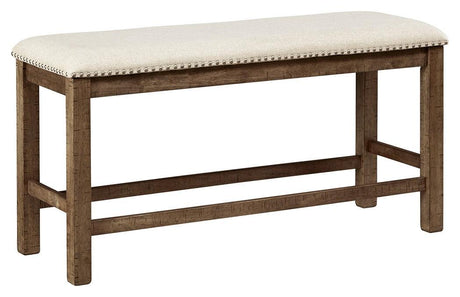 Side angle of Moriville Beige Dining Bench with nailhead trim detail