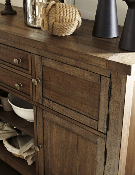 Close-up of Moriville Dining Server antiqued bronze-tone hardware
