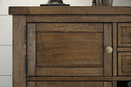 Moriville Dining Server distressed nutmeg finish detail