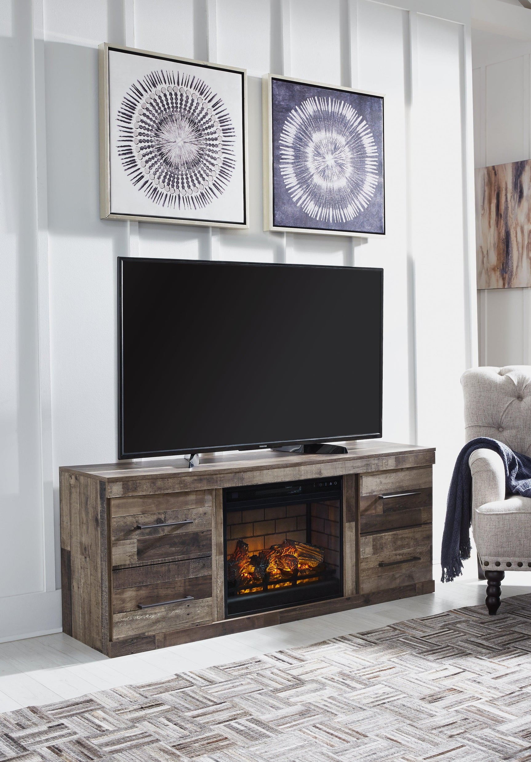 Derekson Multi Gray Tv Stand With Electric Fireplace - Ella Furniture