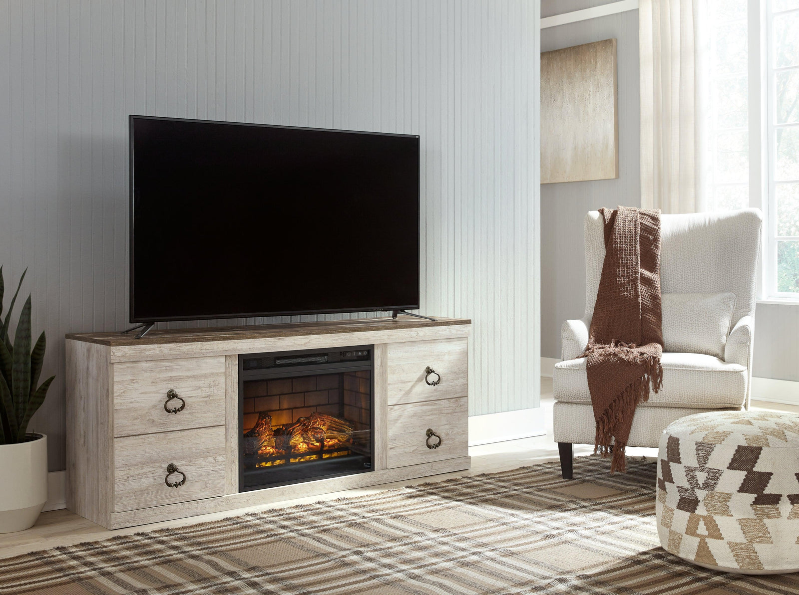 Willowton Whitewash Tv Stand With Electric Fireplace EW0267W8 - Ella Furniture