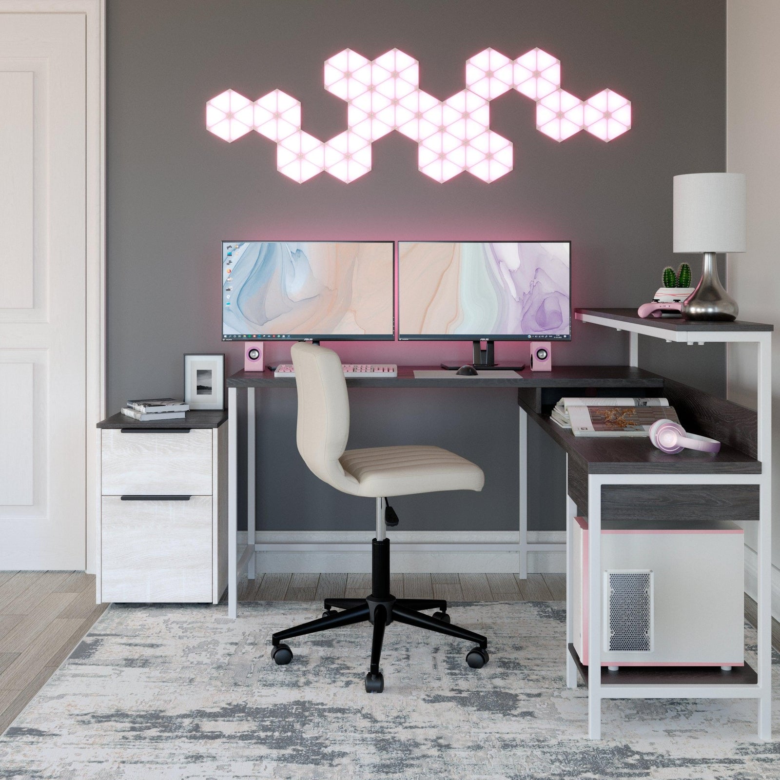 Dorrinson Two-tone Home Office L-desk With Storage - Ella Furniture