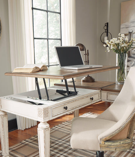 Realyn White/Brown Home Office Lift Top Desk - Ella Furniture