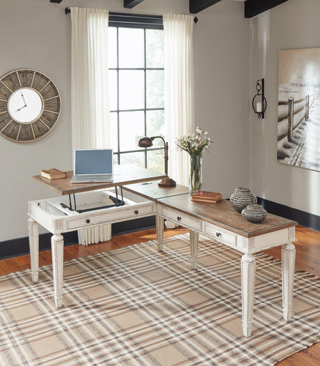 Realyn White/Brown Home Office Lift Top Desk - Ella Furniture