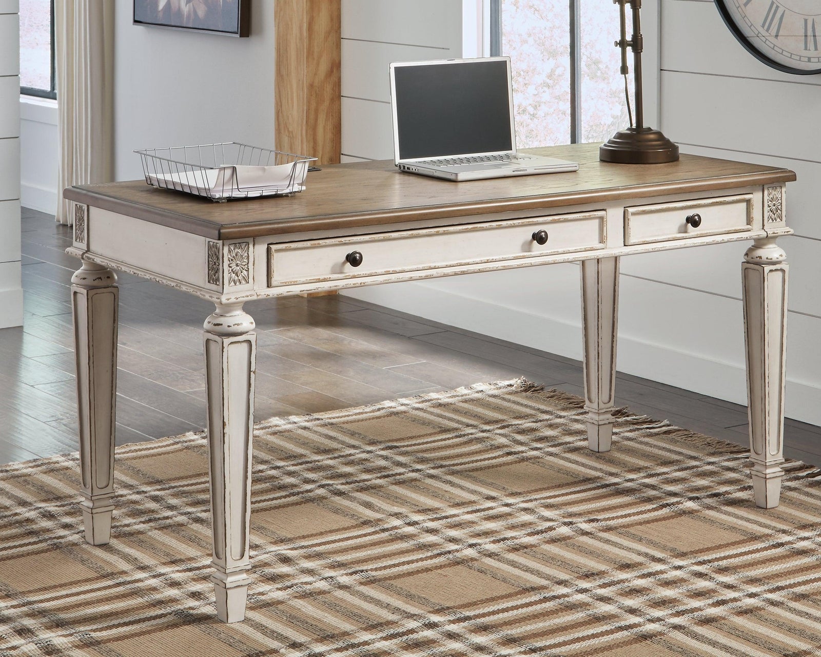 Realyn White/Brown Home Office Desk And Storage - Ella Furniture