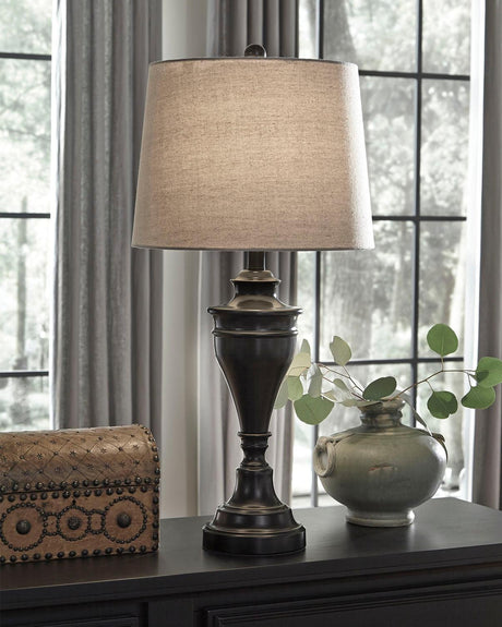 Darlita bronze finish table lamp side view with fabric shade