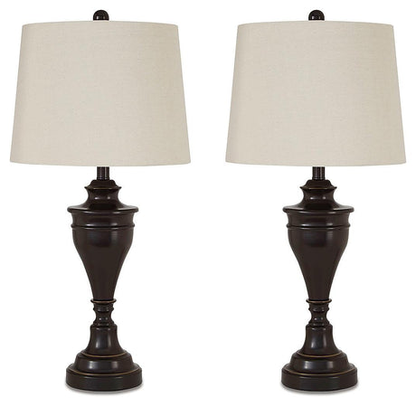 Pair of Darlita bronze table lamps with turned metal pedestals