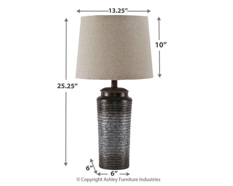 Close-up of white fabric hardback shade on Norbert Gray Table Lamp