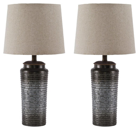 Norbert Gray Table Lamp pair styled on a media room side table