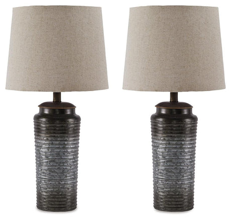 Side angle of Norbert Gray Ombre Metal Table Lamp with ribbed texture base