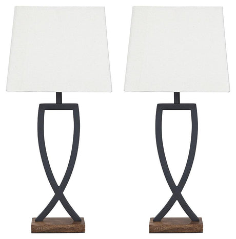 Makara table lamp set highlighting textured black metal and brown wood accents